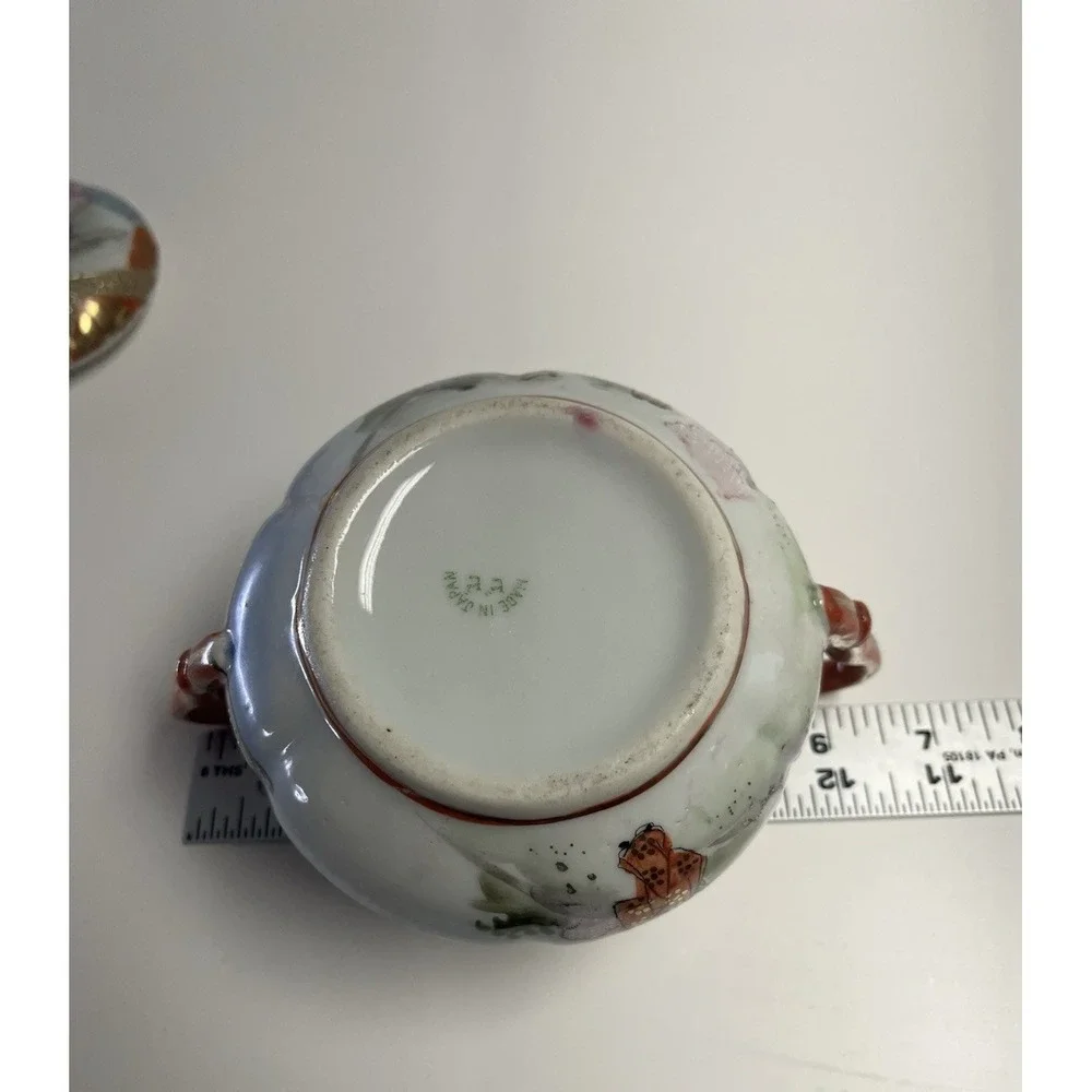 Vintage Kutani Geisha Sugar Bowl BiBi Japan Red Gold Porcelain Hand Painted‎